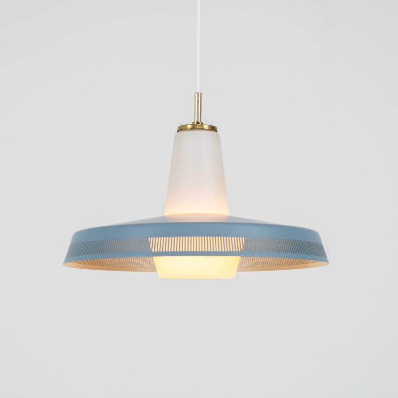 Opal pendant light by Bent Karlby for Lyfa (Denmark, 1960s). A stunning piece of lighting, made out of an opaline glass body and an aluminium shade lacquered in blue. It has a few paint scuffs, but considering its age its in very good vintage condition.