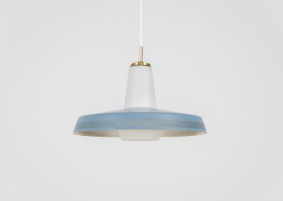 Opal pendant light by Bent Karlby for Lyfa (Denmark, 1960s). A stunning piece of lighting, made out of an opaline glass body and an aluminium shade lacquered in blue. It has a few paint scuffs, but considering its age its in very good vintage condition.