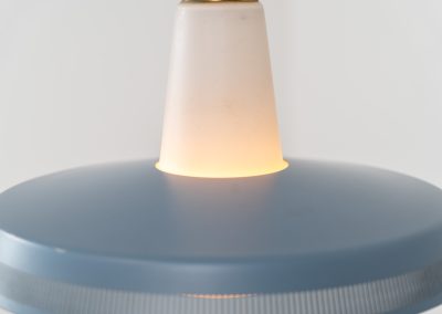 Opal pendant light by Bent Karlby for Lyfa (Denmark, 1960s). A stunning piece of lighting, made out of an opaline glass body and an aluminium shade lacquered in blue. It has a few paint scuffs, but considering its age its in very good vintage condition.