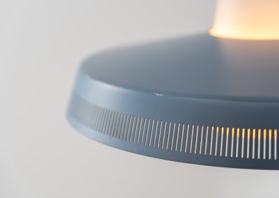 Opal pendant light by Bent Karlby for Lyfa (Denmark, 1960s). A stunning piece of lighting, made out of an opaline glass body and an aluminium shade lacquered in blue. It has a few paint scuffs, but considering its age its in very good vintage condition.