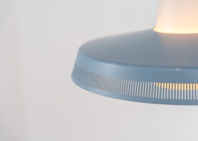 Opal pendant light by Bent Karlby for Lyfa (Denmark, 1960s). A stunning piece of lighting, made out of an opaline glass body and an aluminium shade lacquered in blue. It has a few paint scuffs, but considering its age its in very good vintage condition.