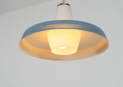Opal pendant light by Bent Karlby for Lyfa (Denmark, 1960s). A stunning piece of lighting, made out of an opaline glass body and an aluminium shade lacquered in blue. It has a few paint scuffs, but considering its age its in very good vintage condition.