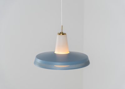 Opal pendant light by Bent Karlby for Lyfa (Denmark, 1960s). A stunning piece of lighting, made out of an opaline glass body and an aluminium shade lacquered in blue. It has a few paint scuffs, but considering its age its in very good vintage condition.