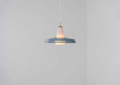Opal pendant light by Bent Karlby for Lyfa (Denmark, 1960s). A stunning piece of lighting, made out of an opaline glass body and an aluminium shade lacquered in blue. It has a few paint scuffs, but considering its age its in very good vintage condition.