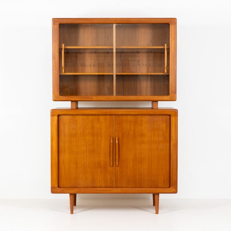 Extraordinary highboard by Svend Dyrlund with tambour and glass doors (Denmark, 1960s). This stunning highboard is a perfect blend of organic shapes and intricate details, from the elegant tambour sliding doors to the beautifully crafted handles. It consists of two separate sections: a lower cabinet with tambour doors and an upper cabinet with glass sliding doors. The adjustable shelves provide flexible storage options. In mint condition!