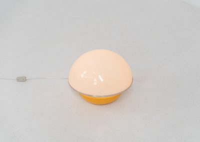 Unique mushroom table lamp (Italy, 1970s). We can’t find a designer on this beauty, but it is absolutely gorgeous! It features a yellow metal base and an acrylic mushroom shade. The lamp is newly rewired and in very good condition!