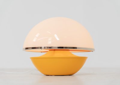 Unique mushroom table lamp (Italy, 1970s). We can’t find a designer on this beauty, but it is absolutely gorgeous! It features a yellow metal base and an acrylic mushroom shade. The lamp is newly rewired and in very good condition!