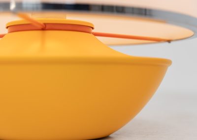 Unique mushroom table lamp (Italy, 1970s). We can’t find a designer on this beauty, but it is absolutely gorgeous! It features a yellow metal base and an acrylic mushroom shade. The lamp is newly rewired and in very good condition!