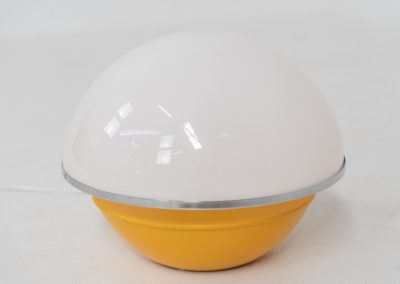 Unique mushroom table lamp (Italy, 1970s). We can’t find a designer on this beauty, but it is absolutely gorgeous! It features a yellow metal base and an acrylic mushroom shade. The lamp is newly rewired and in very good condition!