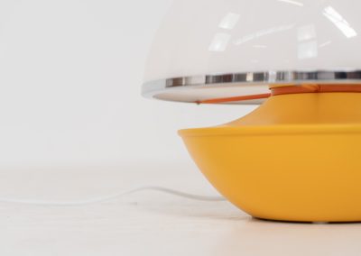 Unique mushroom table lamp (Italy, 1970s). We can’t find a designer on this beauty, but it is absolutely gorgeous! It features a yellow metal base and an acrylic mushroom shade. The lamp is newly rewired and in very good condition!