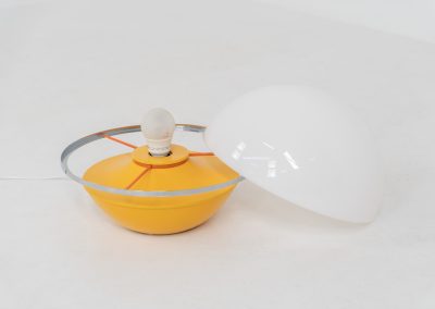 Unique mushroom table lamp (Italy, 1970s). We can’t find a designer on this beauty, but it is absolutely gorgeous! It features a yellow metal base and an acrylic mushroom shade. The lamp is newly rewired and in very good condition!