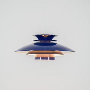 Elegant blue pendant light by Belux (Denmark, 1980s). A beautiful pendant light crafted out of aluminium shades, lacquered in a vivid blue color. The lamp is in very good condition and labeled by the manufacturer.