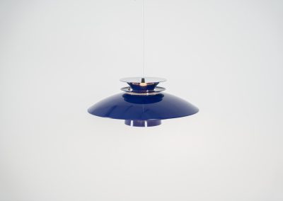 Elegant blue pendant light by Belux (Denmark, 1980s). A beautiful pendant light crafted out of aluminium shades, lacquered in a vivid blue color. The lamp is in very good condition and labeled by the manufacturer.