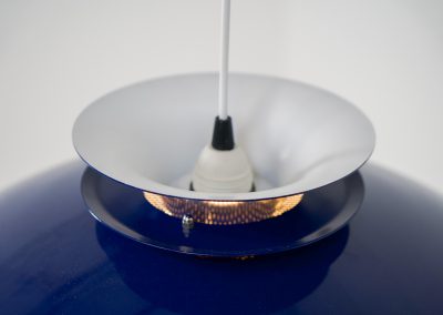 Elegant blue pendant light by Belux (Denmark, 1980s). A beautiful pendant light crafted out of aluminium shades, lacquered in a vivid blue color. The lamp is in very good condition and labeled by the manufacturer.