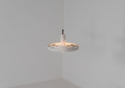 “Fibonacci” pendant light by Sophus Frandsen for Fog & Mørup (Denmark, 1960s). The Fibonacci lamp uses a gravity-guided sliding dip mechanism: the shade glides along the rail and naturally ‘dips’ into position, allowing effortless adjustment of light direction and intensity, a hallmark of Sophus Frandsen’s engineering-minded approach to lighting. The lamp is in amazing vintage condition with minor age related marks. Marked by maker.
