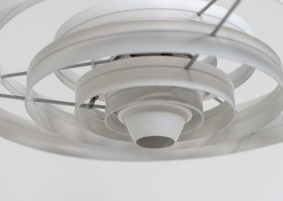 “Fibonacci” pendant light by Sophus Frandsen for Fog & Mørup (Denmark, 1960s). The Fibonacci lamp uses a gravity-guided sliding dip mechanism: the shade glides along the rail and naturally ‘dips’ into position, allowing effortless adjustment of light direction and intensity, a hallmark of Sophus Frandsen’s engineering-minded approach to lighting. The lamp is in amazing vintage condition with minor age related marks. Marked by maker.