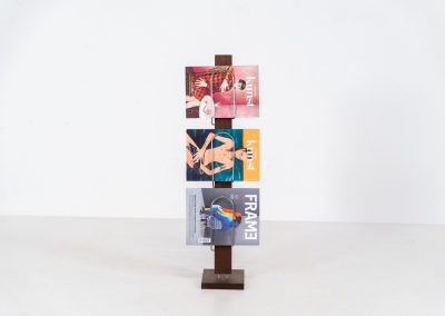 Vintage magazine holder in solid teak (Denmark, 1960s). This rarely seen item features a compact and clean vertical design, made to showcase slim books or magazines. It’s crafted with solid teak and chromed metal supports & joinery. In very good condition.