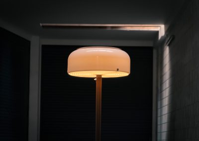 Rare “Knubbling” floor lamp by Anders Pehrson for Ateljé Lyktan (Sweden, 1970s). An absolutely spectacular design by renowned Swedish designer Anders Person, the Knubbling floor lamp is a true statement piece. The lamp features an elegant dark brown lacquered metal base, beautifully contrasted by a generous acrylic shade. Both the shade and the internal diffuser emit light in subtly different tones, creating a layered and dynamic illumination effect. When lit, the lamp reveals a warm, atmospheric glow with remarkable depth. This example remains in very good vintage condition, showing only minor surface scratches to the base consistent with age and use. A rare and collectible piece of Swedish modern lighting.