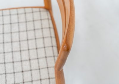 Set of 4 dining chairs by H.W. Klein for Bramin (Denmark, 1960s). A stunning, high-quality design featuring sculptural frames in solid teak, a generously curved teak backrest, and the original wool striped fabric seats. The chairs remain in splendid condition!