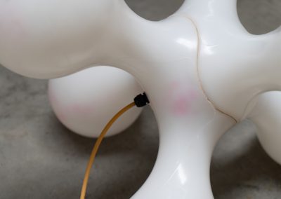 Atomium floor lamp by Benjamin Hopf & Constantin Wortmann for Kundalini (Italy, 1990s). Inspired by the iconic Atomium in Brussels, this striking lamp features a molded plastic structure with six internal light sources, creating a warm and atmospheric glow. The piece is versatile and can be used both as a floor lamp or as a large pendant light. It remains in good vintage condition, with visible signs of use including scratches and some purple marks that could not be removed.