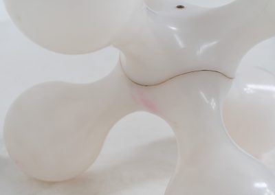 Atomium floor lamp by Benjamin Hopf & Constantin Wortmann for Kundalini (Italy, 1990s). Inspired by the iconic Atomium in Brussels, this striking lamp features a molded plastic structure with six internal light sources, creating a warm and atmospheric glow. The piece is versatile and can be used both as a floor lamp or as a large pendant light. It remains in good vintage condition, with visible signs of use including scratches and some purple marks that could not be removed.