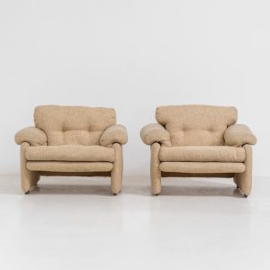 Pair of “Coronado” armchairs by Tobia Scarpa for C&B Italia (Italy, 1970s). These chairs offer a soft, sculptural form and exceptional comfort, upholstered in their original textured wool fabric. Generous proportions and inviting curves make them as comfortable as they are visually striking. In good original condition with some minor using marks. Marked by maker.