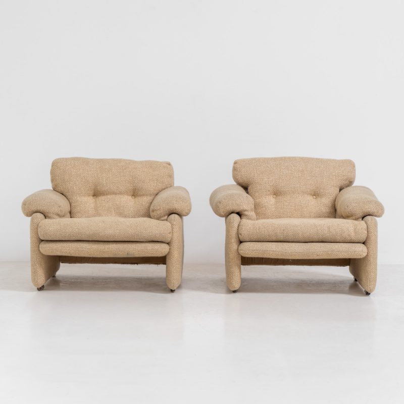 Pair of “Coronado” armchairs by Tobia Scarpa for C&B Italia (Italy, 1970s). These chairs offer a soft, sculptural form and exceptional comfort, upholstered in their original textured wool fabric. Generous proportions and inviting curves make them as comfortable as they are visually striking. In good original condition with some minor using marks. Marked by maker.