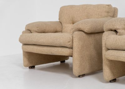 Pair of “Coronado” armchairs by Tobia Scarpa for C&B Italia (Italy, 1970s). These chairs offer a soft, sculptural form and exceptional comfort, upholstered in their original textured wool fabric. Generous proportions and inviting curves make them as comfortable as they are visually striking. In good original condition with some minor using marks. Marked by maker.