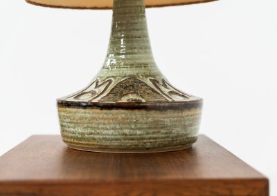 Ceramic table lamp by Søholm for Bornholmsk (Denmark, 1960s). This lamp offers a refined blend of beautiful textures and timeless design. It has handcrafted ceramic base with earthy colors, complimented by a raffia shade. The lamp is marked and remains in splendid condition.