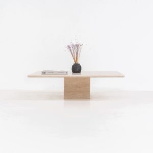 XL travertine coffee table (Italy, 1970s). A beautiful Italian coffee table in travertine, showing a natural grain and warm tones that highlight the character of the stone. Its clean and minimal design gives it a timeless and easy look that fits in many interiors. The table is in excellent condition, with no cracks, chips, or other damage. Important: please check the measurements carefully, as this is a large and very heavy piece.