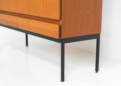 Rare S21 highboard in teak by Dieter Waeckerlin for Behr (Germany, 1950s). Belonging to the same series as the iconic B60, this very hard to find S21 mid sized highboard in teak is a masterful blend of minimalistic design and functional elegance. It’s unbelievable this piece was made in the 50’s and is yet so timeless. It contains two drawers and two doors with a minimal gap between them. The inside offers lots of storage space with adjustable shelves. It is in amazing condition with minimal sings of use and age.