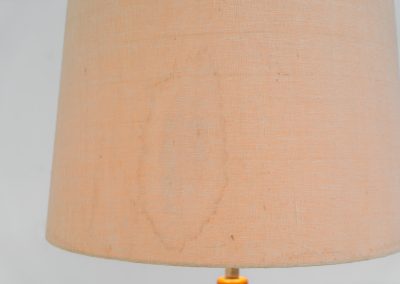 Huge sculptural “Teardrop” floor lamp by Domus (Germany, 1970s). This striking piece features a sculptural solid teak stem and base, paired with a large wild-silk lampshade. The lamp is height-adjustable and houses three light bulbs inside the shade, which can be switched on individually or together for customizable lighting. The floor lamp remains in its original, good condition with some visible stains to the shade.