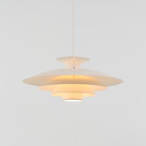 Pendant light by Form Light (Denmark, 1970s). The lamp is crafted out of five metal shades and gives a stunning light dispersion. In good condition with some minor rust stains and paint scratches consistent with its Age.