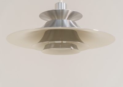 Brushed aluminium pendant light by Frandsen (Denmark, 1970s). A beautiful lamp made out of four aluminium shades and featuring an elegant silhouette. The lamp remains in splendid condition.