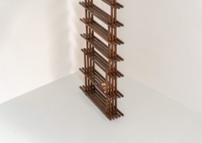 Sculptural wengé slat bookcase (Europe, 1960s). A sculptural bookcase defined by the rhythmic interplay of solid wengé slats and slender vertical supports. Its distinctive stepped construction, tapering towards the top, gives the piece an almost totemic presence. Both a functional piece of furniture and an architectural object. As we have been unable to find any documentation or comparable examples, this may well be a one-of-a-kind piece, reminiscent of the work of Fabrizio Mangoni. The bookcase is in beautiful vintage condition, with minor signs of age and use, including a few slightly warped slats.